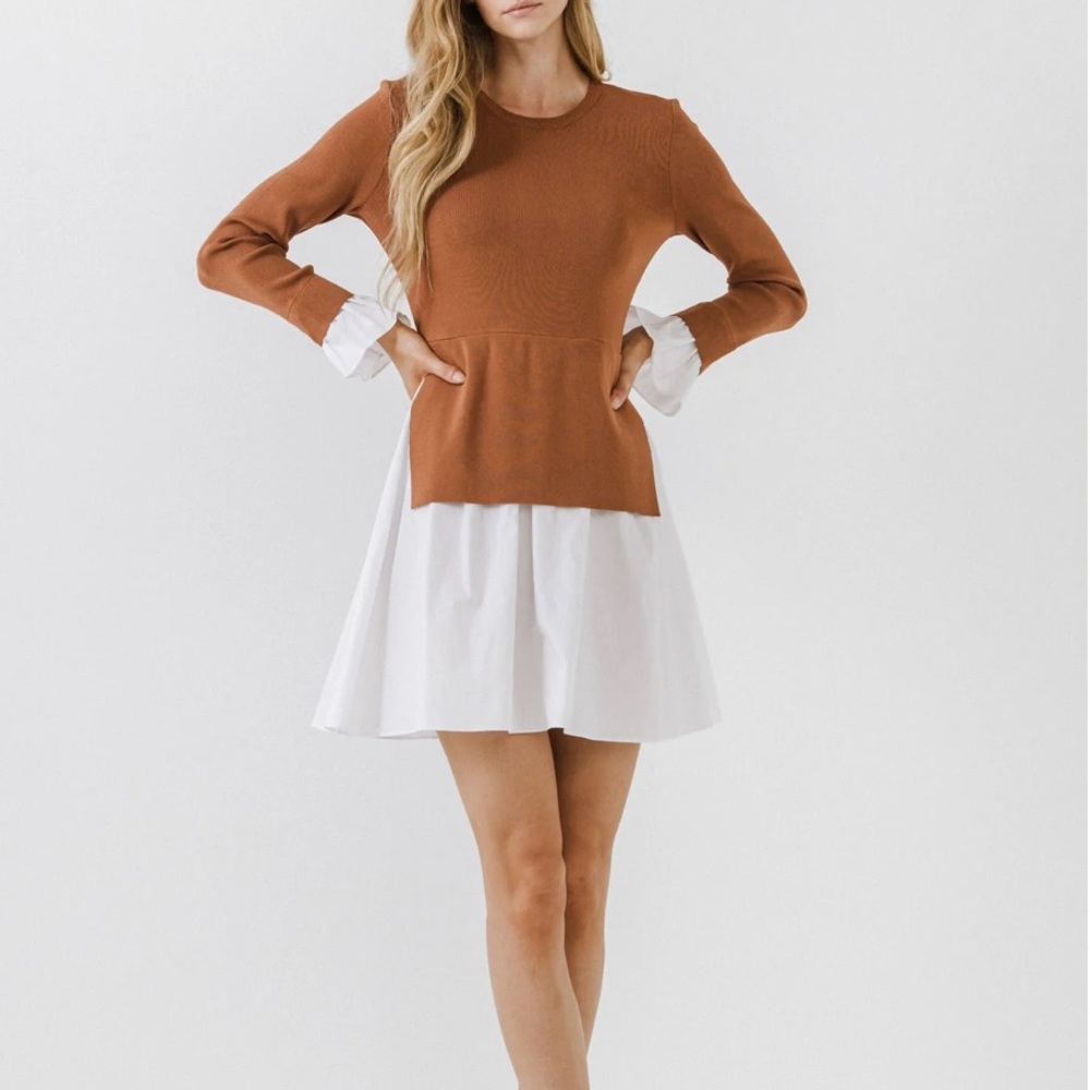 English Factory Brown and White Long Sleeve Dress